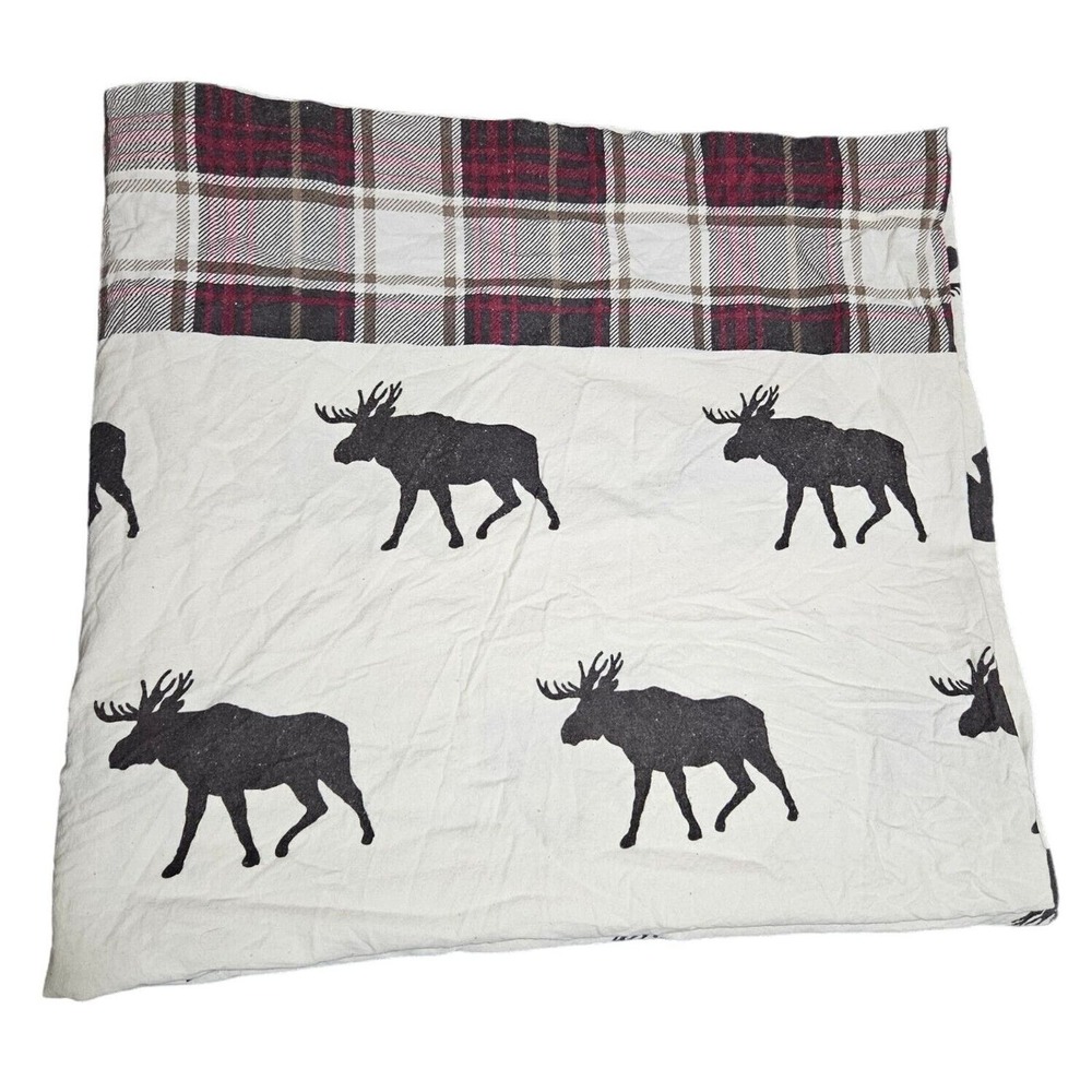HD Designs Moose Print Plaid Border Blanket 68"x64" Creme Brown Red 100% Cotton